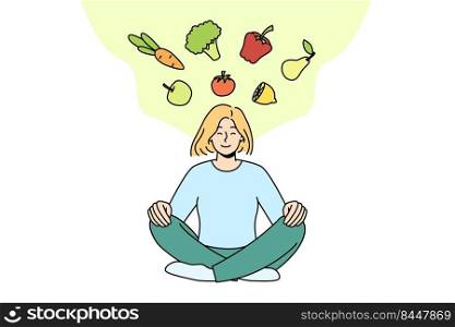 Calm young woman meditating thinking of healthy eating. Happy girl in lotus pose go vegetarian and diet. Eco and organic products. Vector illustration.. Woman meditate think of healthy eating