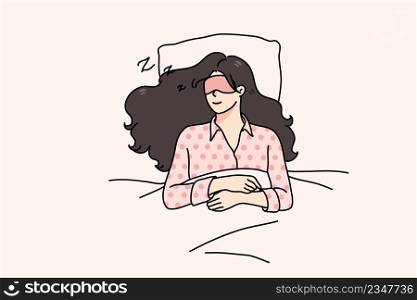 Calm young woman with eye mask lying relaxing in soft bed sleeping or taking nap. Relaxed millennial girl asleep in bedroom, see dreams at night. Relaxation and fatigue. Vector illustration. . Calm woman lying in bed sleeping at night 