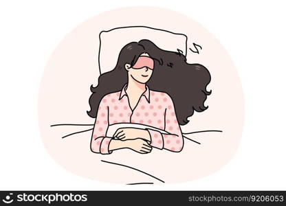 Calm young woman with eye mask lying relaxing in soft bed sleeping or taking nap. Relaxed millennial girl asleep in bedroom, see dreams at night. Relaxation and fatigue. Vector illustration.. Calm woman lying in bed sleeping at night