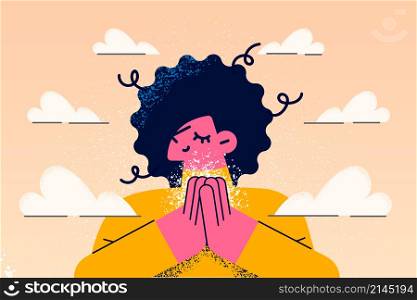 Calm young woman with hands in prayer feel thankful and grateful. Relaxed girl make polite religious palm gesture show respect and gratitude. Faith and superstition. Flat vector illustration. . Calm woman with hands in prayer show gratitude