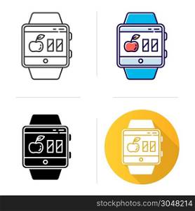 Calorie calculator smartwatch function icon. Estimating calories to maintain, lose and gain weight. Flat design, linear and color styles. Fitness wristband capability. Isolated vector illustrations