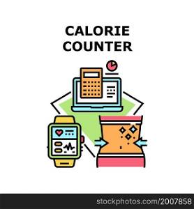 Calorie counter food app. Mobile nutrition. Healthy kcal. Hot energy. Diet label sticker. Calorie counter vector concept color illustration. Calorie counter icons vector illustrations