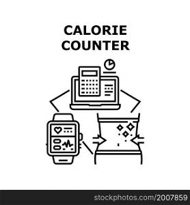 Calorie counter food app. Mobile nutrition. Healthy kcal. Hot energy. Diet label sticker. Calorie counter vector concept black illustration. Calorie counter icons vector illustrations