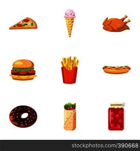 Calorie food icons set. Cartoon illustration of 9 calorie food vector icons for web. Calorie food icons set, cartoon style