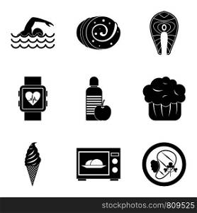 Calorie icons set. Simple set of 9 calorie vector icons for web isolated on white background. Calorie icons set, simple style
