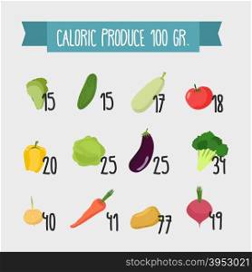 Calories in foods. Variety of vegetables from garden, together with an indication of numbers of values. Useful and healthy food for vegetarians. Vector illustration.&#xA;