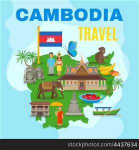 Cambodia Cultural Travel Map Flat Poster. Cambodian culture and national symbols with country map and flag for travelers flat poster abstract vector illustration