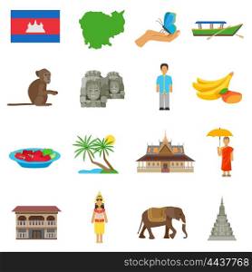 Cambodia Culture Flat Icons Set . Cambodian culture for tourits flat icons collection with boat temple and exotic animals abstract isolated vector illustration