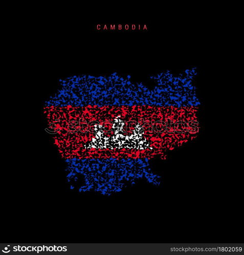 Cambodia flag map, chaotic particles pattern in the colors of the Cambodian flag. Vector illustration isolated on black background.. Cambodia flag map, chaotic particles pattern in the Cambodian flag colors. Vector illustration