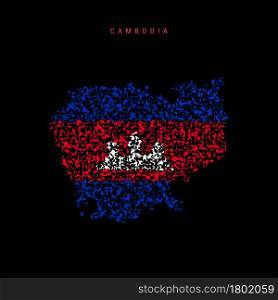 Cambodia flag map, chaotic particles pattern in the colors of the Cambodian flag. Vector illustration isolated on black background.. Cambodia flag map, chaotic particles pattern in the Cambodian flag colors. Vector illustration
