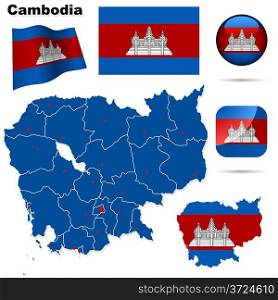 Cambodia vector set. Detailed country shape with region borders, flags and icons isolated on white background.