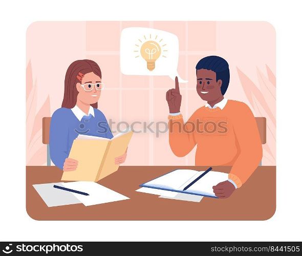 Came up with idea about group project 2D vector isolated illustration. Students exchanging thoughts flat characters on cartoon background. Colourful editable scene for mobile, website, presentation. Came up with idea about group project 2D vector isolated illustration