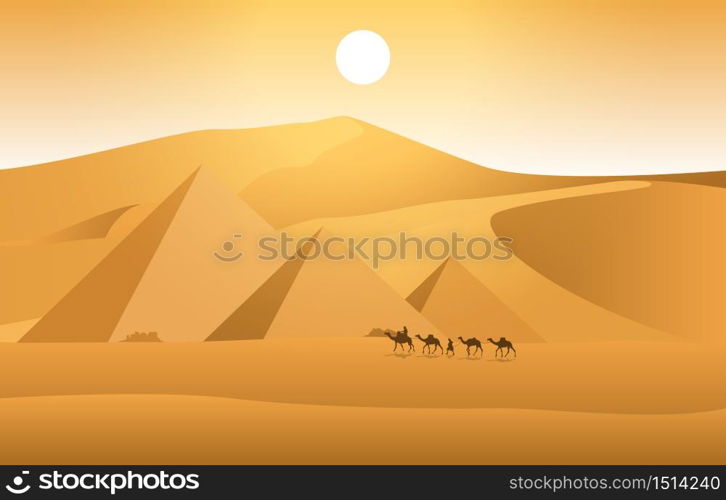 Camel Caravan Crossing Egypt Pyramid Desert Arabian Landscape Illustration