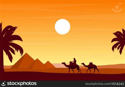 Camel Caravan Crossing Egypt Pyramid Desert Arabian Landscape Illustration