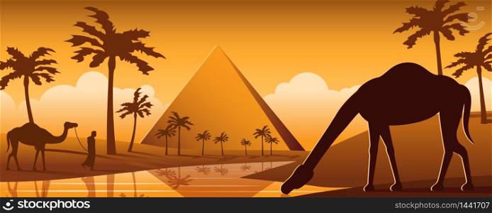 Camel drink water in oasis desert nearby Pyramid,silhouette cartoon design,vector illustration