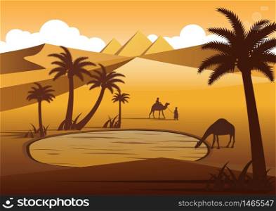 Camel drink water in oasis desert nearby Pyramids,silhouette design,vector illustration