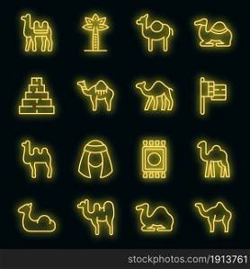 Camel icons set. Outline set of camel vector icons neon color on black. Camel icons set vector neon