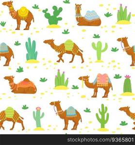 Camel seamless pattern. Cute cartoon desert camels among cactuses. Egyptian ethnic vector wallpaper texture. Camel africa pattern, summer seamless illustration. Camel seamless pattern. Cute cartoon desert camels among cactuses. Egyptian ethnic vector wallpaper texture
