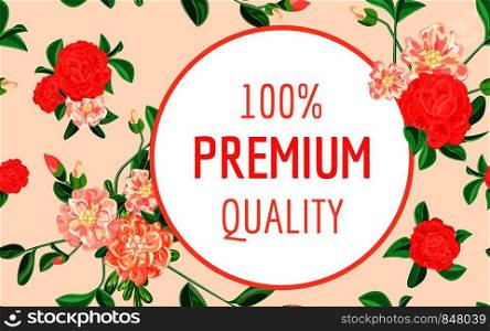 Camellia premium quality concept banner. Cartoon illustration of camellia premium quality vector concept banner for web design. Camellia premium quality concept banner, cartoon style
