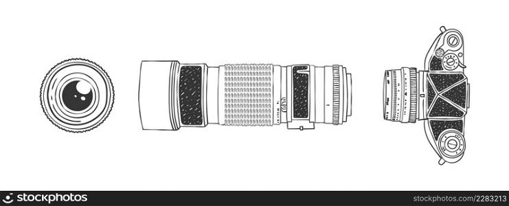 Camera and lens top view. Camera and Lens Sketch. Hand-drawn image. Vector illustration