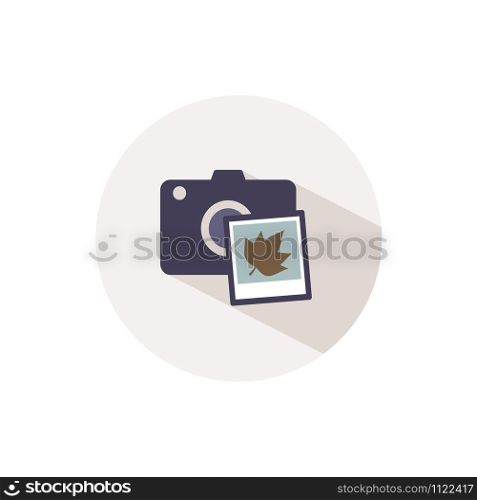 Camera and photo with autumn leaf. Icon with shadow on a beige circle. Fall flat vector illustration