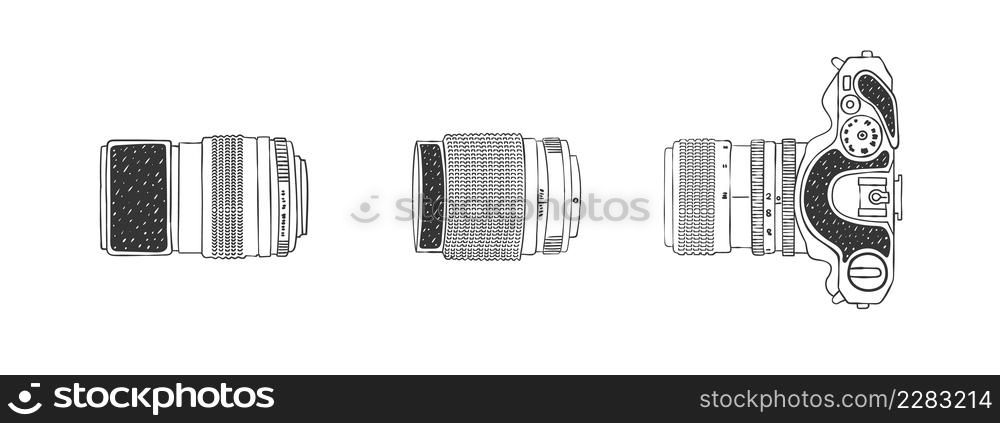 Camera and two lens top view. Camera and Lens Sketch. Hand-drawn image. Vector illustration