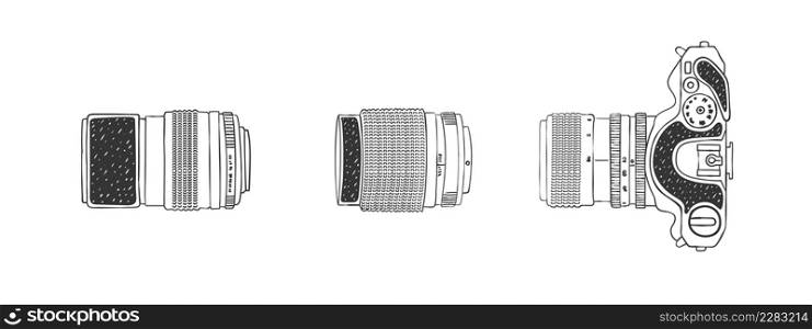 Camera and two lens top view. Camera and Lens Sketch. Hand-drawn image. Vector illustration