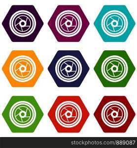 Camera aperture icon set many color hexahedron isolated on white vector illustration. Camera aperture icon set color hexahedron