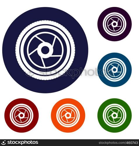 Camera aperture icons set in flat circle reb, blue and green color for web. Camera aperture icons set