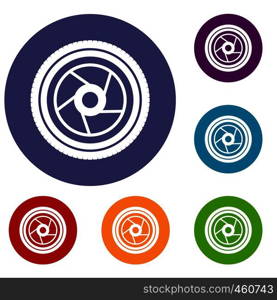 Camera aperture icons set in flat circle reb, blue and green color for web. Camera aperture icons set