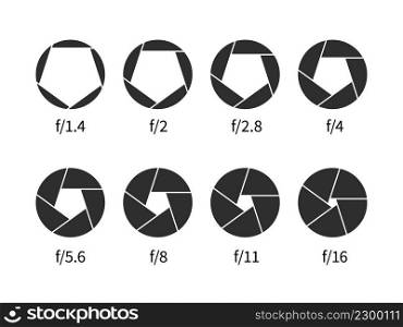 Camera aperture lens icon. Photo optic diaphragm silhouette symbols with value numbers. Different stages opening. Optical zoom. Photographic circle focus. Vector isolated black round shutter signs set. Camera aperture lens icon. Photo optic diaphragm silhouette symbols with value numbers. Different stages opening. Optical zoom. Photographic focus. Vector black round shutter signs set