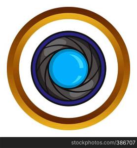 Camera aperture vector icon in golden circle, cartoon style isolated on white background. Camera aperture vector icon