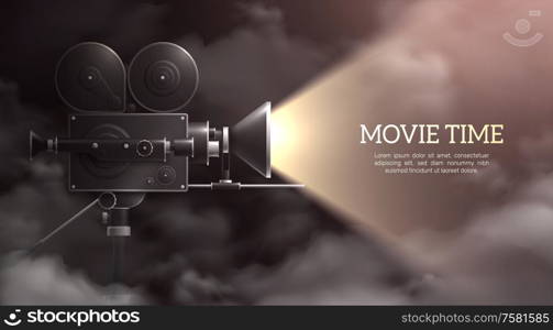 Camera background with composition of realistic dark sky and professional camera with light on and text vector illustration