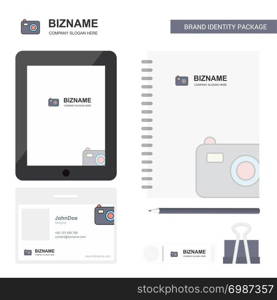 Camera Business Logo, Tab App, Diary PVC Employee Card and USB Brand Stationary Package Design Vector Template