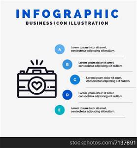 Camera, Cam, Videogame, Images, Couple Photography Line icon with 5 steps presentation infographics Background