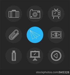 camera , click , images , tv , paper pin , paper plane, dollar , play , screen ,usb , eps icons set vector ,icon, vector, design, flat, collection, style, creative, icons