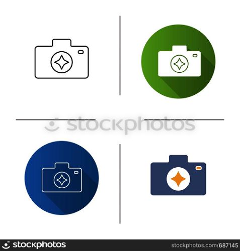 Camera enhance icon. Photography. Photo camera. Flat design, linear and color styles. Isolated vector illustrations. Camera enhance icon