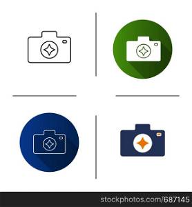 Camera enhance icon. Photography. Photo camera. Flat design, linear and color styles. Isolated vector illustrations. Camera enhance icon