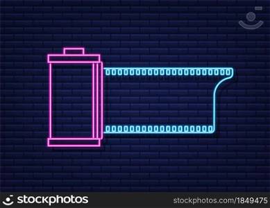 Camera film roll isolated on white background. Neon icon. Vector stock illustration. Camera film roll isolated on white background. Neon icon. Vector stock illustration.