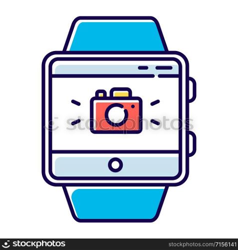 Camera fitness wristband function color icon. Smartwatch capability. Modern remote capture features. Synchronization with smartphone camera for taking photos. Isolated vector illustration