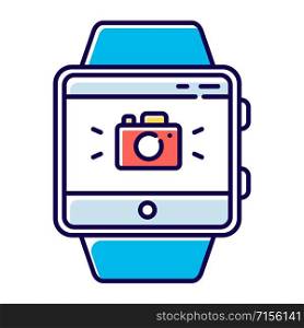 Camera fitness wristband function color icon. Smartwatch capability. Modern remote capture features. Synchronization with smartphone camera for taking photos. Isolated vector illustration