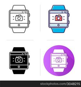 Camera fitness wristband function icon. Modern remote capture features. Synchronization with smartphone camera for taking photos. Flat design, linear and color styles. Isolated vector illustrations