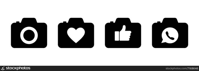 Camera heart thumb up message bubble social media set icons. Vector isolated icons. Network black icons. Communication icon. EPS 10