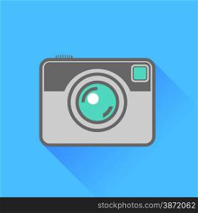 Camera Icon Isolated on Blue Background. Long Shadow.. Camera