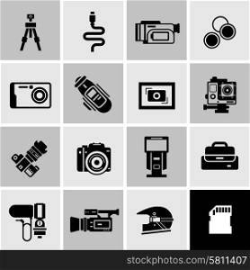 Camera icons black set with digital photo technique and equipment isolated vector illustration. Camera Icons Black