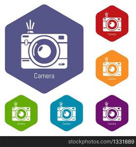 Camera icons vector colorful hexahedron set collection isolated on white. Camera icons vector hexahedron