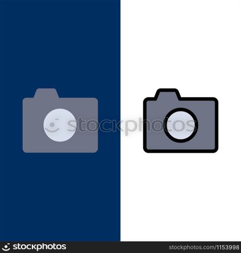 Camera, Image, Photo, Basic Icons. Flat and Line Filled Icon Set Vector Blue Background