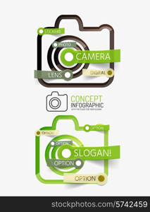 Camera infographics with tag cloud design on stickers, editable text