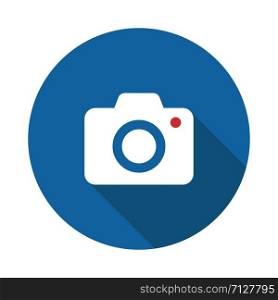 Camera isolated vector icon on circle blue background with shadow. Photo camera icon vector photography sign. Video camera vector icon. Flat design. EPS 10. Camera isolated vector icon on circle blue background with shadow. Photo camera icon vector photography sign. Video camera vector icon. Flat design.