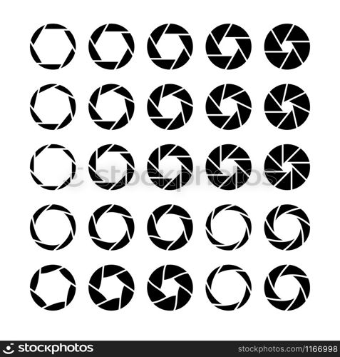 Camera lens diaphragm. Optic lenses, focus camera shutter apertures pictogram, focused picture graphic zoom black circle logo vector closed flat icons. Camera lens diaphragm. Optic lenses, focus camera shutter apertures pictogram, focused picture graphic zoom black circle logo vector icons